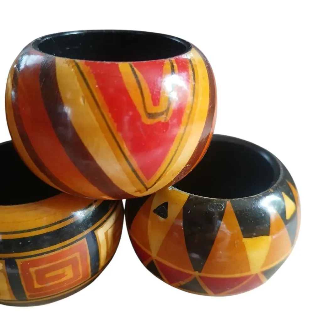 Vintage 70's Hand Carved Napkin Rings Wood Polished Artisan Ethnic